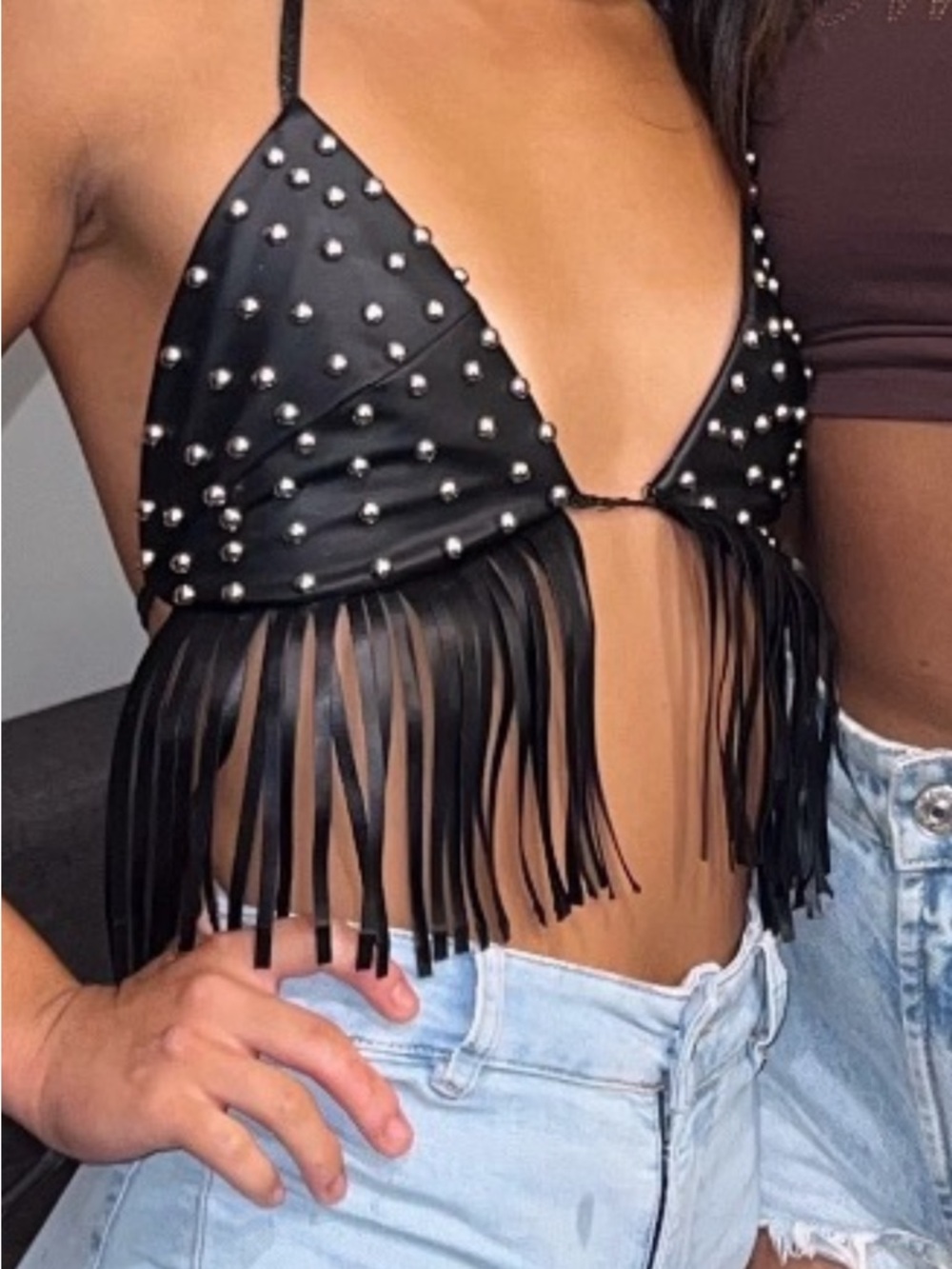 Black Studded Fringe Western Crop Top